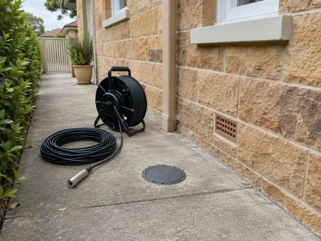 Capped drain inspection opening on a concrete side path beside sandstone house wall with a camera reel in Vaucluse