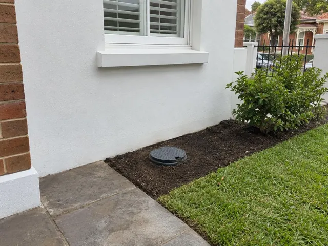 Capped sewer access set in mulch beside a white house wall and lawn in Double Bay